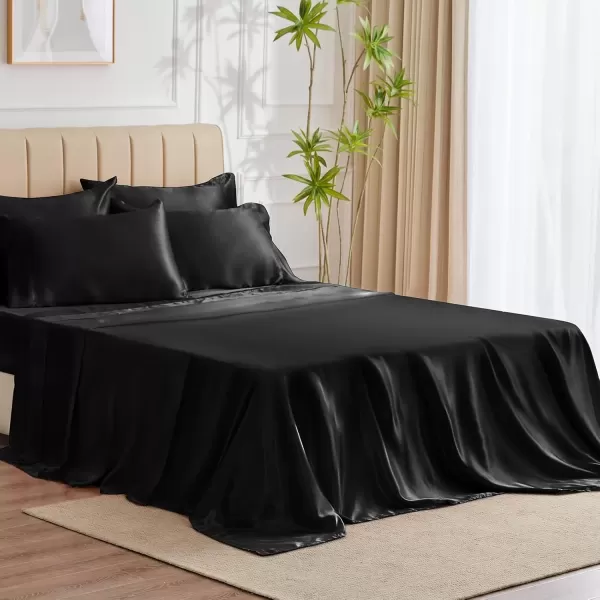 imageCozyLux Satin Sheets Queen Size  4 Piece Black Bed Sheet Set with Silky Microfiber 1 Deep Pocket Fitted Sheet 1 Flat Sheet and 2 Pillowcases  Smooth and SoftBlack