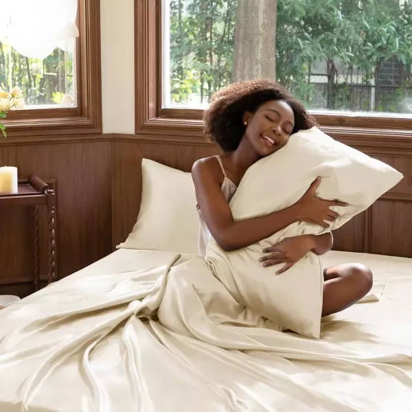 imageCozyLux Satin Sheets Queen Size  4 Piece Black Bed Sheet Set with Silky Microfiber 1 Deep Pocket Fitted Sheet 1 Flat Sheet and 2 Pillowcases  Smooth and SoftChampagne