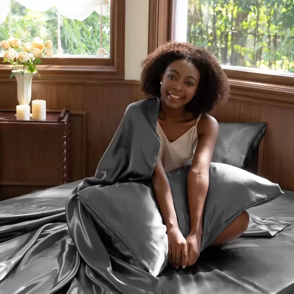imageCozyLux Satin Sheets Queen Size  4 Piece Black Bed Sheet Set with Silky Microfiber 1 Deep Pocket Fitted Sheet 1 Flat Sheet and 2 Pillowcases  Smooth and SoftDark Grey
