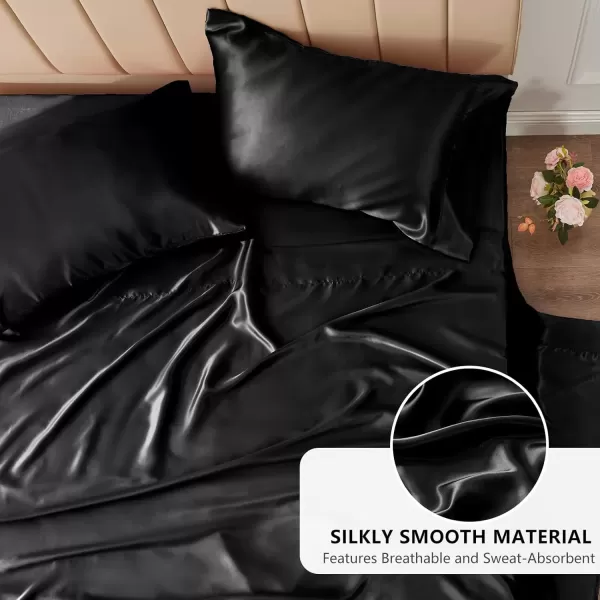 imageCozyLux Satin Sheets Queen Size  4 Piece Black Bed Sheet Set with Silky Microfiber 1 Deep Pocket Fitted Sheet 1 Flat Sheet and 2 Pillowcases  Smooth and SoftBlack