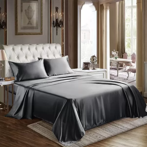 imageCozyLux Satin Sheets Queen Size  4 Piece Black Bed Sheet Set with Silky Microfiber 1 Deep Pocket Fitted Sheet 1 Flat Sheet and 2 Pillowcases  Smooth and SoftDark Grey