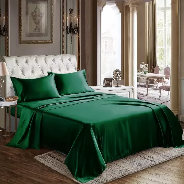 imageCozyLux Satin Sheets Queen Size  4 Piece Black Bed Sheet Set with Silky Microfiber 1 Deep Pocket Fitted Sheet 1 Flat Sheet and 2 Pillowcases  Smooth and SoftDark Green