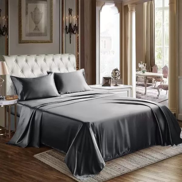 imageCozyLux Satin Sheets Queen Size  4 Piece Black Bed Sheet Set with Silky Microfiber 1 Deep Pocket Fitted Sheet 1 Flat Sheet and 2 Pillowcases  Smooth and SoftDark Grey