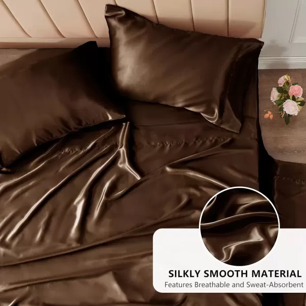 imageCozyLux Satin Sheets Queen Size  4 Piece Black Bed Sheet Set with Silky Microfiber 1 Deep Pocket Fitted Sheet 1 Flat Sheet and 2 Pillowcases  Smooth and SoftBrown