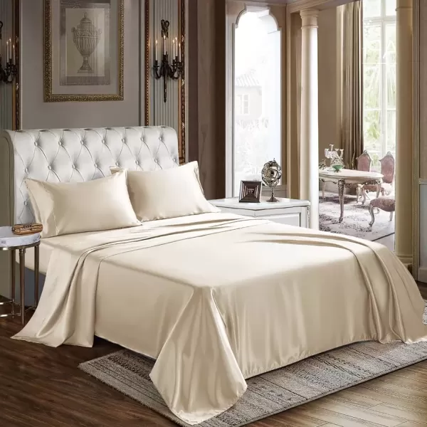imageCozyLux Satin Sheets Queen Size  4 Piece Black Bed Sheet Set with Silky Microfiber 1 Deep Pocket Fitted Sheet 1 Flat Sheet and 2 Pillowcases  Smooth and SoftChampagne