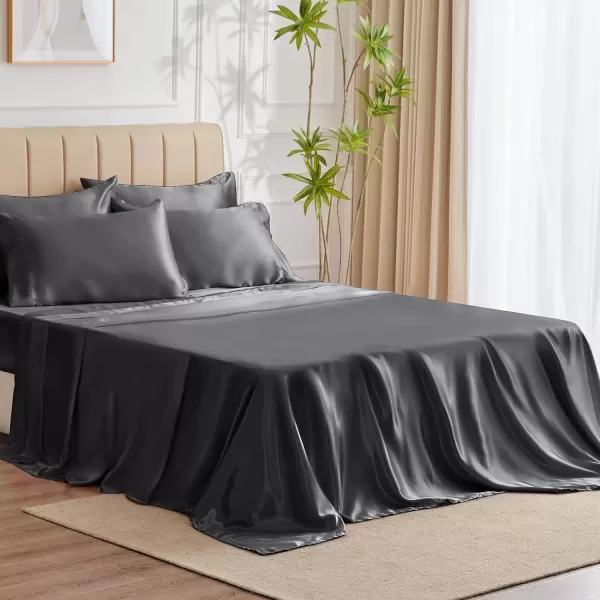 imageCozyLux Satin Sheets Queen Size  4 Piece Black Bed Sheet Set with Silky Microfiber 1 Deep Pocket Fitted Sheet 1 Flat Sheet and 2 Pillowcases  Smooth and SoftDark Grey