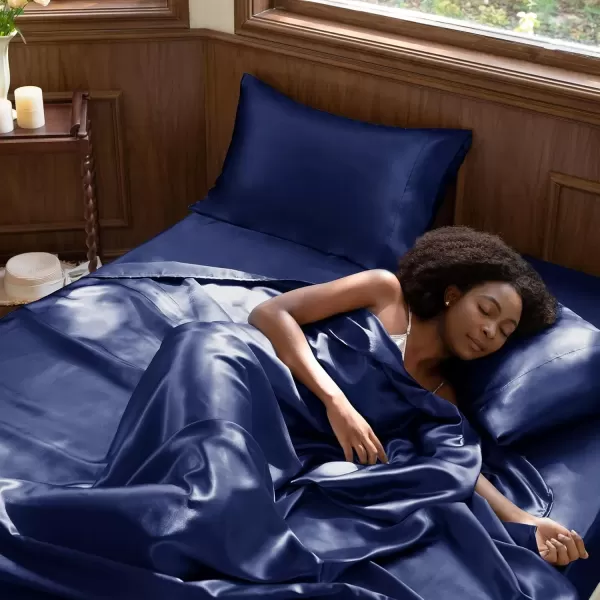 imageCozyLux Satin Sheets Queen Size  4 Piece Black Bed Sheet Set with Silky Microfiber 1 Deep Pocket Fitted Sheet 1 Flat Sheet and 2 Pillowcases  Smooth and SoftNavy Blue