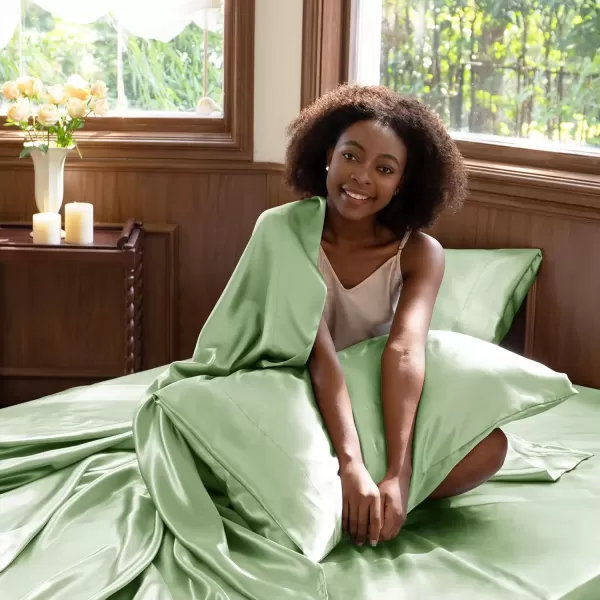 imageCozyLux Satin Sheets Queen Size  4 Piece Black Bed Sheet Set with Silky Microfiber 1 Deep Pocket Fitted Sheet 1 Flat Sheet and 2 Pillowcases  Smooth and SoftSage Green