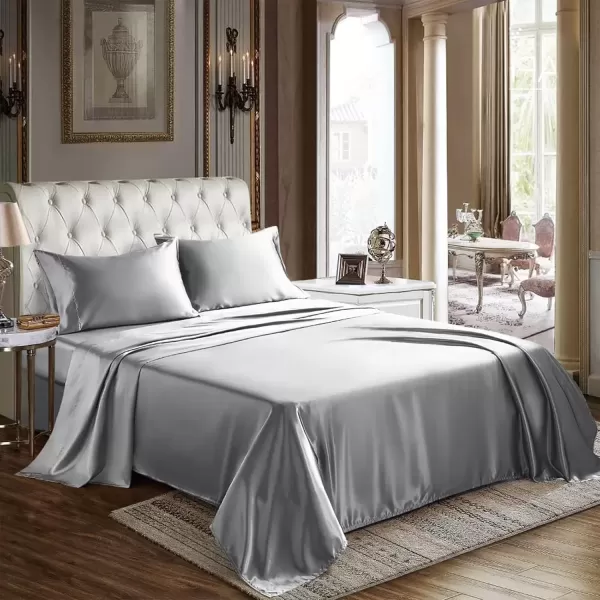 imageCozyLux Satin Sheets Queen Size  4 Piece Black Bed Sheet Set with Silky Microfiber 1 Deep Pocket Fitted Sheet 1 Flat Sheet and 2 Pillowcases  Smooth and SoftLight Grey