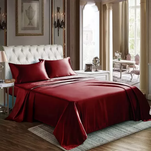 imageCozyLux Satin Sheets Queen Size  4 Piece Black Bed Sheet Set with Silky Microfiber 1 Deep Pocket Fitted Sheet 1 Flat Sheet and 2 Pillowcases  Smooth and SoftBurgundy