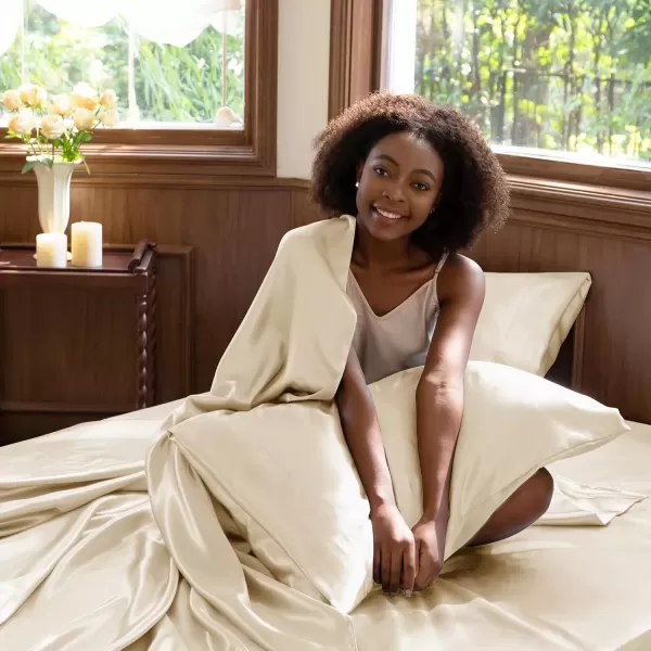 imageCozyLux Satin Sheets Queen Size  4 Piece Black Bed Sheet Set with Silky Microfiber 1 Deep Pocket Fitted Sheet 1 Flat Sheet and 2 Pillowcases  Smooth and SoftChampagne