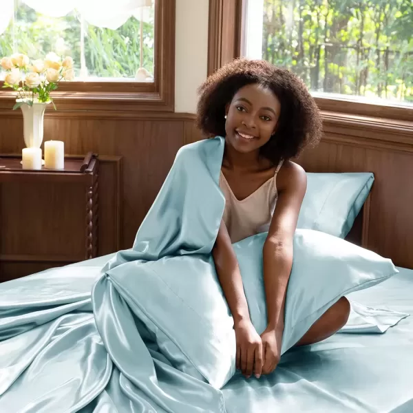 imageCozyLux Satin Sheets Queen Size  4 Piece Black Bed Sheet Set with Silky Microfiber 1 Deep Pocket Fitted Sheet 1 Flat Sheet and 2 Pillowcases  Smooth and SoftLight Blue