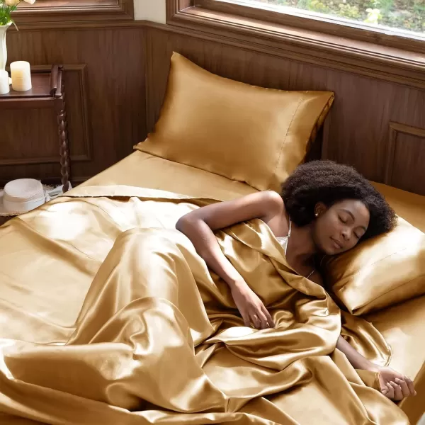 imageCozyLux Satin Sheets Queen Size  4 Piece Black Bed Sheet Set with Silky Microfiber 1 Deep Pocket Fitted Sheet 1 Flat Sheet and 2 Pillowcases  Smooth and SoftGold