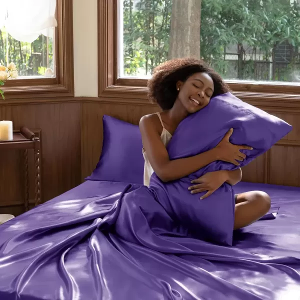 imageCozyLux Satin Sheets Queen Size  4 Piece Black Bed Sheet Set with Silky Microfiber 1 Deep Pocket Fitted Sheet 1 Flat Sheet and 2 Pillowcases  Smooth and SoftPurple