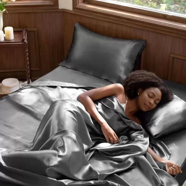 imageCozyLux Satin Sheets Queen Size  4 Piece Black Bed Sheet Set with Silky Microfiber 1 Deep Pocket Fitted Sheet 1 Flat Sheet and 2 Pillowcases  Smooth and SoftDark Grey