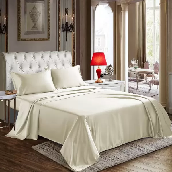 imageCozyLux Satin Sheets Queen Size  4 Piece Black Bed Sheet Set with Silky Microfiber 1 Deep Pocket Fitted Sheet 1 Flat Sheet and 2 Pillowcases  Smooth and SoftBeige