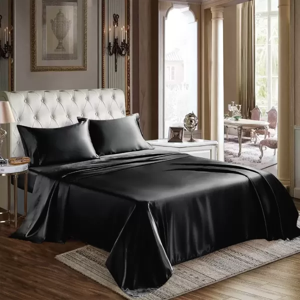 imageCozyLux Satin Sheets Queen Size  4 Piece Black Bed Sheet Set with Silky Microfiber 1 Deep Pocket Fitted Sheet 1 Flat Sheet and 2 Pillowcases  Smooth and SoftBlack