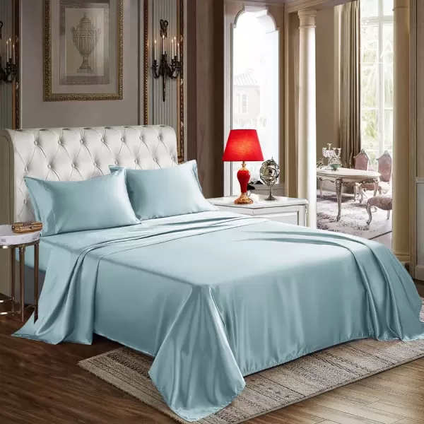 imageCozyLux Satin Sheets Queen Size  4 Piece Black Bed Sheet Set with Silky Microfiber 1 Deep Pocket Fitted Sheet 1 Flat Sheet and 2 Pillowcases  Smooth and SoftLight Blue