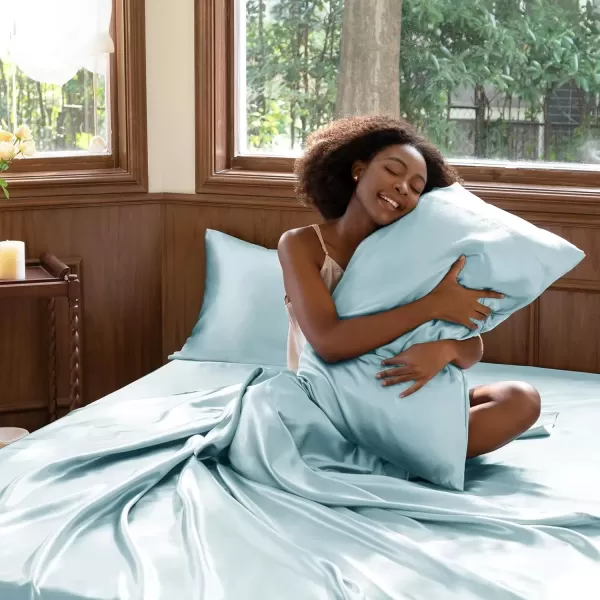 imageCozyLux Satin Sheets Queen Size  4 Piece Black Bed Sheet Set with Silky Microfiber 1 Deep Pocket Fitted Sheet 1 Flat Sheet and 2 Pillowcases  Smooth and SoftLight Blue