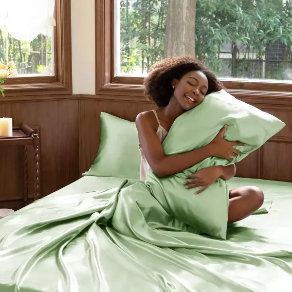 imageCozyLux Satin Sheets Queen Size  4 Piece Black Bed Sheet Set with Silky Microfiber 1 Deep Pocket Fitted Sheet 1 Flat Sheet and 2 Pillowcases  Smooth and SoftSage Green
