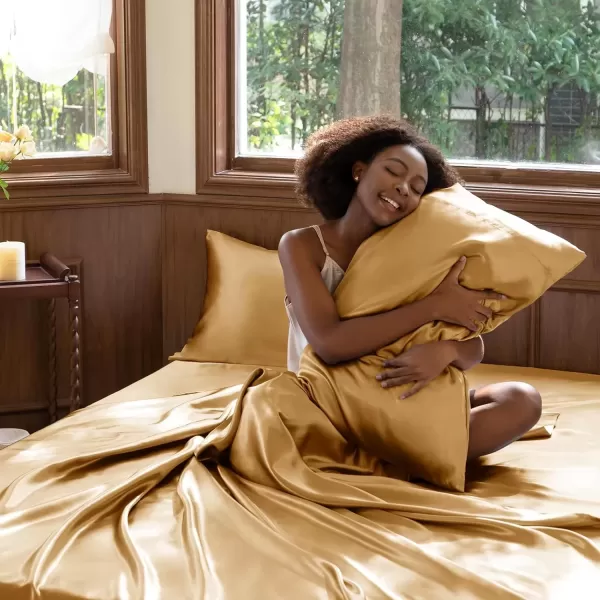 imageCozyLux Satin Sheets Queen Size  4 Piece Black Bed Sheet Set with Silky Microfiber 1 Deep Pocket Fitted Sheet 1 Flat Sheet and 2 Pillowcases  Smooth and SoftGold