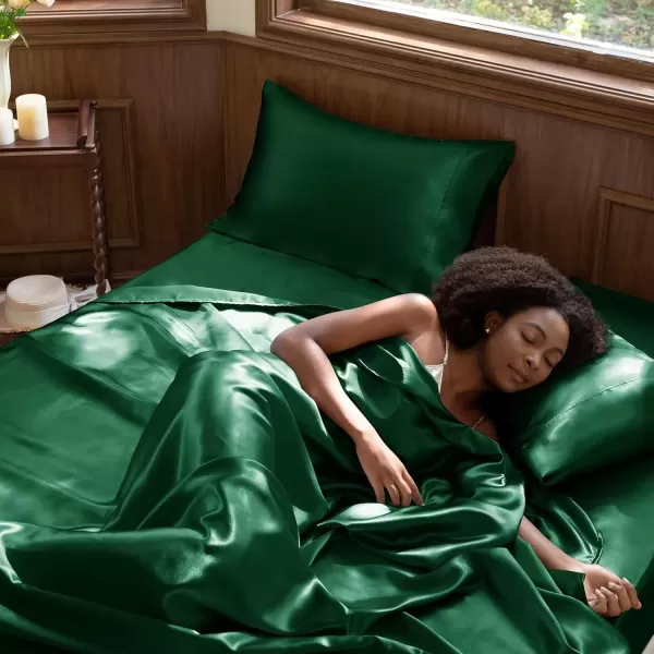 imageCozyLux Satin Sheets Queen Size  4 Piece Black Bed Sheet Set with Silky Microfiber 1 Deep Pocket Fitted Sheet 1 Flat Sheet and 2 Pillowcases  Smooth and SoftDark Green