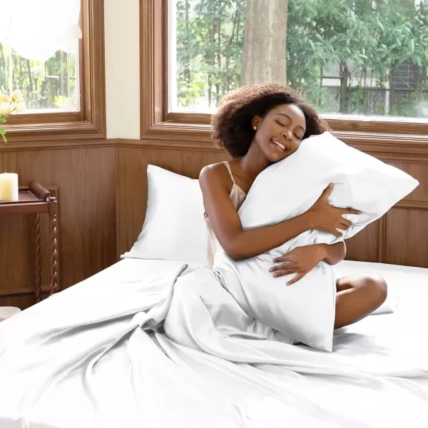 imageCozyLux Satin Sheets Queen Size  4 Piece Black Bed Sheet Set with Silky Microfiber 1 Deep Pocket Fitted Sheet 1 Flat Sheet and 2 Pillowcases  Smooth and SoftWhite