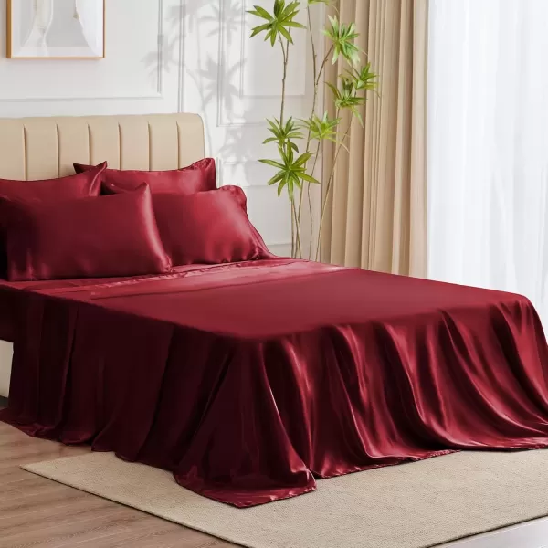 imageCozyLux Satin Sheets Queen Size  4 Piece Black Bed Sheet Set with Silky Microfiber 1 Deep Pocket Fitted Sheet 1 Flat Sheet and 2 Pillowcases  Smooth and SoftBurgundy