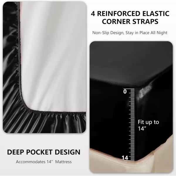 imageCozyLux Satin Sheets Queen Size  4 Piece Black Bed Sheet Set with Silky Microfiber 1 Deep Pocket Fitted Sheet 1 Flat Sheet and 2 Pillowcases  Smooth and SoftBlack