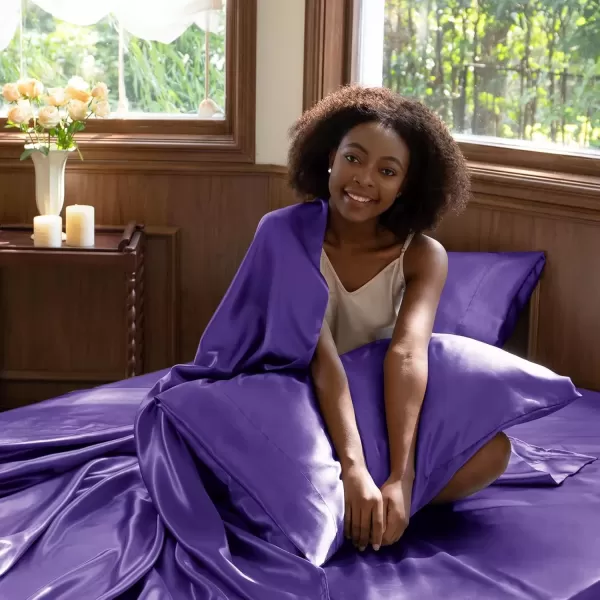 imageCozyLux Satin Sheets Queen Size  4 Piece Black Bed Sheet Set with Silky Microfiber 1 Deep Pocket Fitted Sheet 1 Flat Sheet and 2 Pillowcases  Smooth and SoftPurple