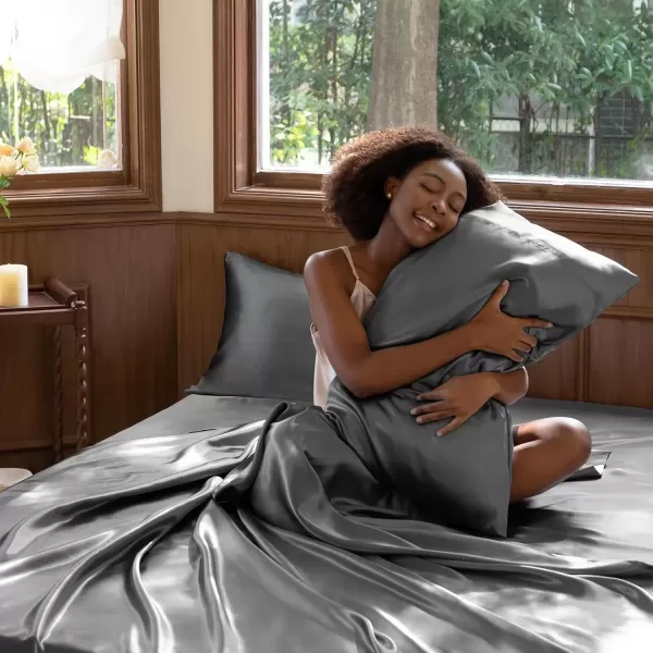imageCozyLux Satin Sheets Queen Size  4 Piece Black Bed Sheet Set with Silky Microfiber 1 Deep Pocket Fitted Sheet 1 Flat Sheet and 2 Pillowcases  Smooth and SoftDark Grey