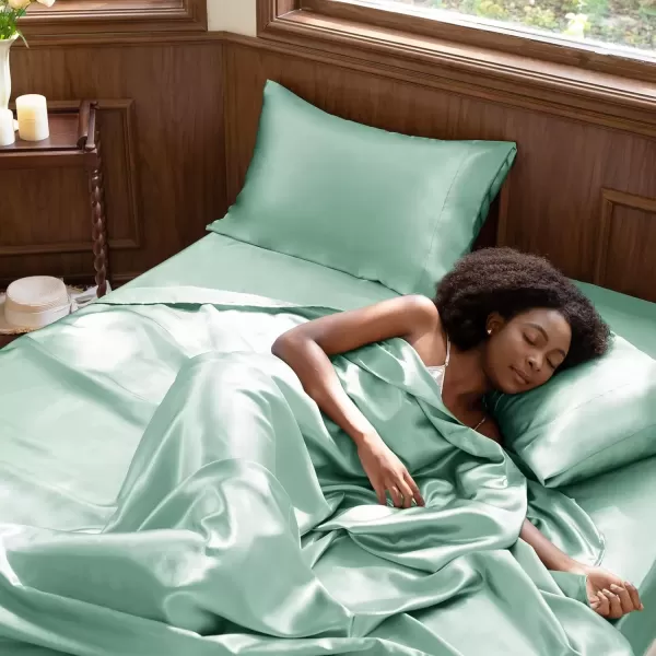 imageCozyLux Satin Sheets Queen Size  4 Piece Black Bed Sheet Set with Silky Microfiber 1 Deep Pocket Fitted Sheet 1 Flat Sheet and 2 Pillowcases  Smooth and SoftAqua