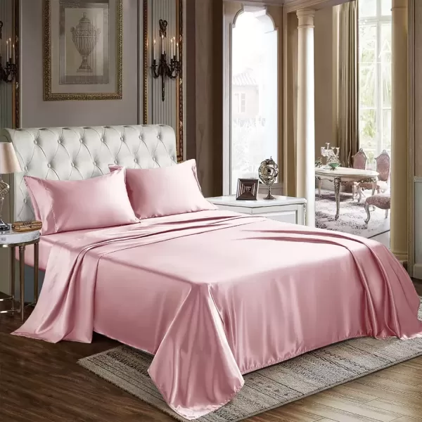 imageCozyLux Satin Sheets Queen Size  4 Piece Black Bed Sheet Set with Silky Microfiber 1 Deep Pocket Fitted Sheet 1 Flat Sheet and 2 Pillowcases  Smooth and SoftPink