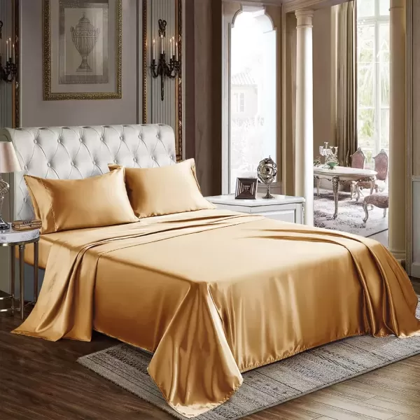 imageCozyLux Satin Sheets Queen Size  4 Piece Black Bed Sheet Set with Silky Microfiber 1 Deep Pocket Fitted Sheet 1 Flat Sheet and 2 Pillowcases  Smooth and SoftGold