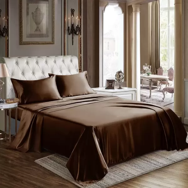 imageCozyLux Satin Sheets Queen Size  4 Piece Black Bed Sheet Set with Silky Microfiber 1 Deep Pocket Fitted Sheet 1 Flat Sheet and 2 Pillowcases  Smooth and SoftBrown