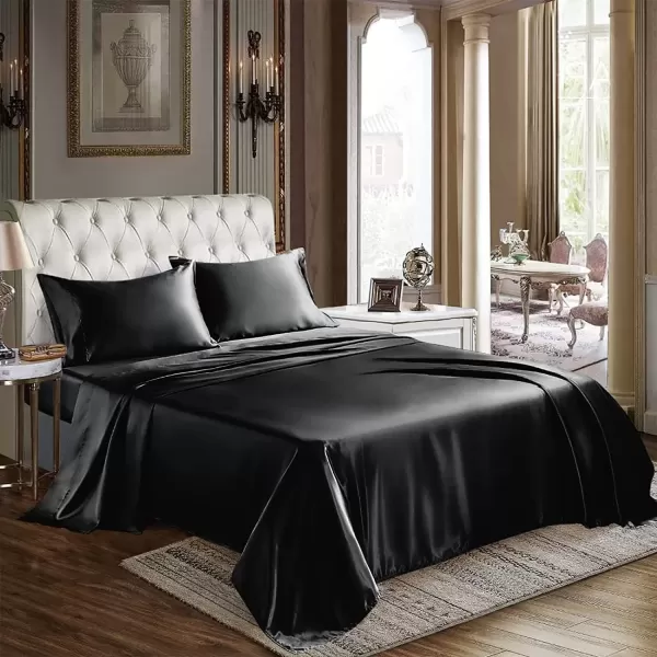 imageCozyLux Satin Sheets Queen Size  4 Piece Black Bed Sheet Set with Silky Microfiber 1 Deep Pocket Fitted Sheet 1 Flat Sheet and 2 Pillowcases  Smooth and SoftBlack