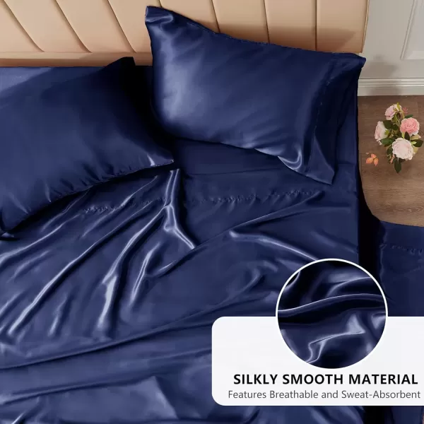 imageCozyLux Satin Sheets Queen Size  4 Piece Black Bed Sheet Set with Silky Microfiber 1 Deep Pocket Fitted Sheet 1 Flat Sheet and 2 Pillowcases  Smooth and SoftNavy Blue