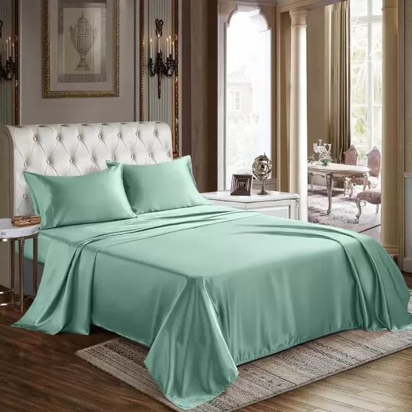 imageCozyLux Satin Sheets Queen Size  4 Piece Black Bed Sheet Set with Silky Microfiber 1 Deep Pocket Fitted Sheet 1 Flat Sheet and 2 Pillowcases  Smooth and SoftAqua