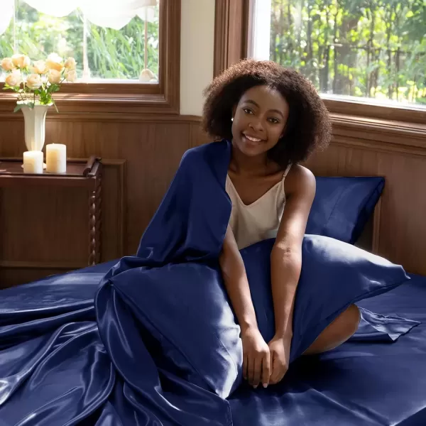 imageCozyLux Satin Sheets Queen Size  4 Piece Black Bed Sheet Set with Silky Microfiber 1 Deep Pocket Fitted Sheet 1 Flat Sheet and 2 Pillowcases  Smooth and SoftNavy Blue
