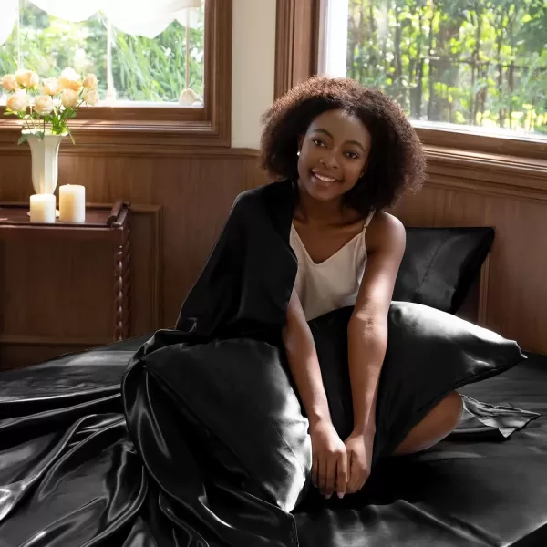 imageCozyLux Satin Sheets Queen Size  4 Piece Black Bed Sheet Set with Silky Microfiber 1 Deep Pocket Fitted Sheet 1 Flat Sheet and 2 Pillowcases  Smooth and SoftBlack