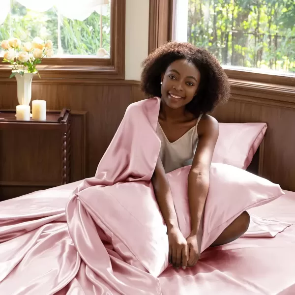 imageCozyLux Satin Sheets Queen Size  4 Piece Black Bed Sheet Set with Silky Microfiber 1 Deep Pocket Fitted Sheet 1 Flat Sheet and 2 Pillowcases  Smooth and SoftPink