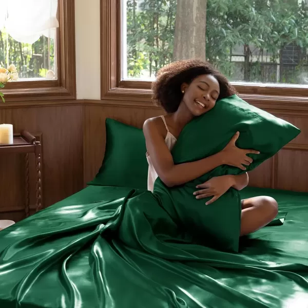 imageCozyLux Satin Sheets Queen Size  4 Piece Black Bed Sheet Set with Silky Microfiber 1 Deep Pocket Fitted Sheet 1 Flat Sheet and 2 Pillowcases  Smooth and SoftDark Green