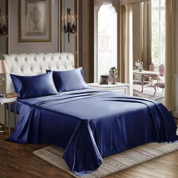imageCozyLux Satin Sheets Queen Size  4 Piece Black Bed Sheet Set with Silky Microfiber 1 Deep Pocket Fitted Sheet 1 Flat Sheet and 2 Pillowcases  Smooth and SoftNavy Blue
