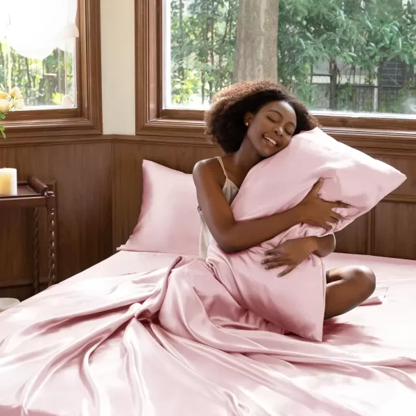 imageCozyLux Satin Sheets Queen Size  4 Piece Black Bed Sheet Set with Silky Microfiber 1 Deep Pocket Fitted Sheet 1 Flat Sheet and 2 Pillowcases  Smooth and SoftPink