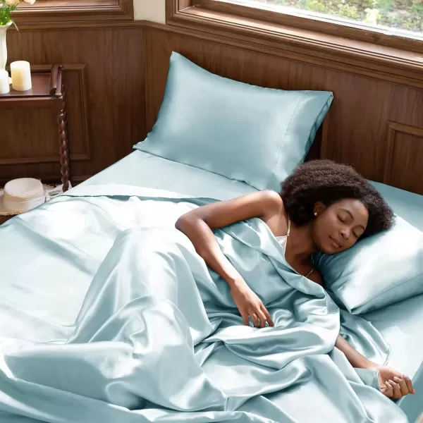 imageCozyLux Satin Sheets Queen Size  4 Piece Black Bed Sheet Set with Silky Microfiber 1 Deep Pocket Fitted Sheet 1 Flat Sheet and 2 Pillowcases  Smooth and SoftLight Blue