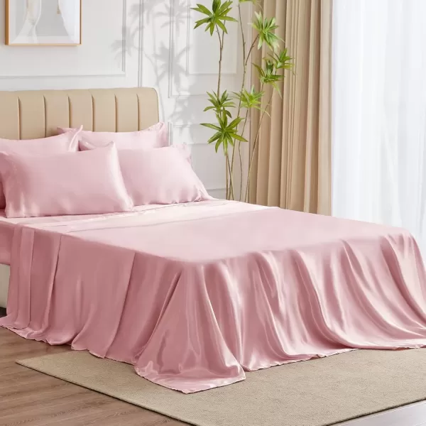 imageCozyLux Satin Sheets Queen Size  4 Piece Black Bed Sheet Set with Silky Microfiber 1 Deep Pocket Fitted Sheet 1 Flat Sheet and 2 Pillowcases  Smooth and SoftPink