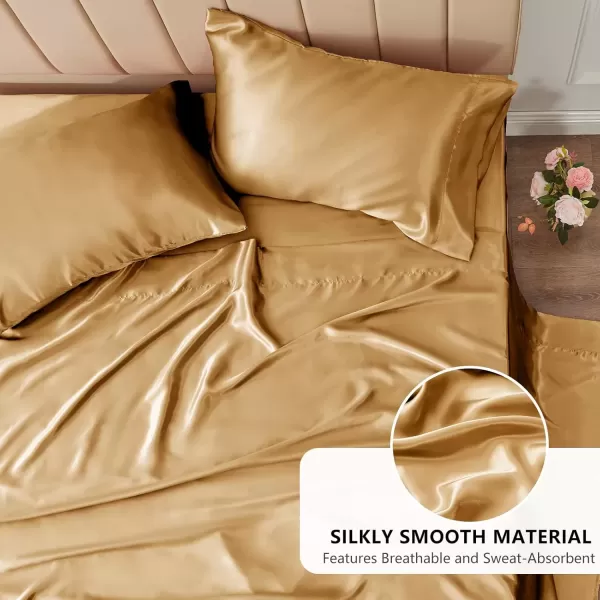 imageCozyLux Satin Sheets Queen Size  4 Piece Black Bed Sheet Set with Silky Microfiber 1 Deep Pocket Fitted Sheet 1 Flat Sheet and 2 Pillowcases  Smooth and SoftGold