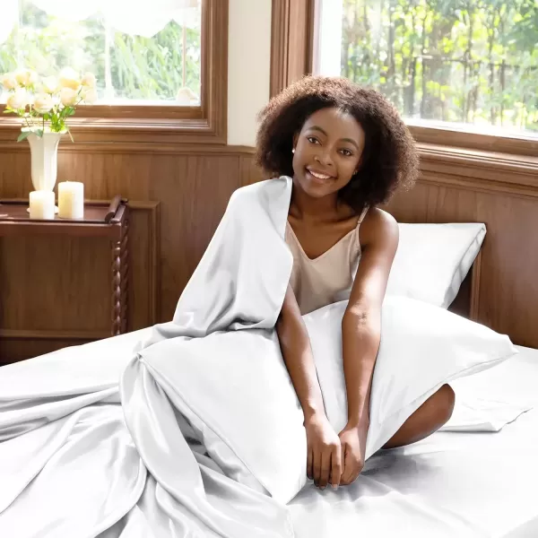 imageCozyLux Satin Sheets Queen Size  4 Piece Black Bed Sheet Set with Silky Microfiber 1 Deep Pocket Fitted Sheet 1 Flat Sheet and 2 Pillowcases  Smooth and SoftWhite
