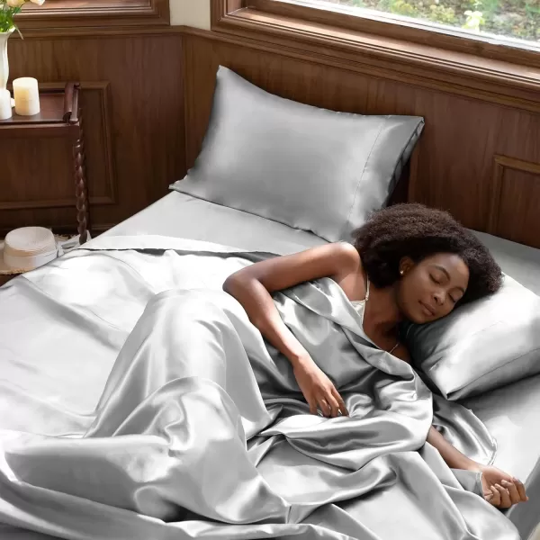 imageCozyLux Satin Sheets Queen Size  4 Piece Black Bed Sheet Set with Silky Microfiber 1 Deep Pocket Fitted Sheet 1 Flat Sheet and 2 Pillowcases  Smooth and SoftLight Grey