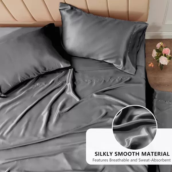 imageCozyLux Satin Sheets Queen Size  4 Piece Black Bed Sheet Set with Silky Microfiber 1 Deep Pocket Fitted Sheet 1 Flat Sheet and 2 Pillowcases  Smooth and SoftDark Grey